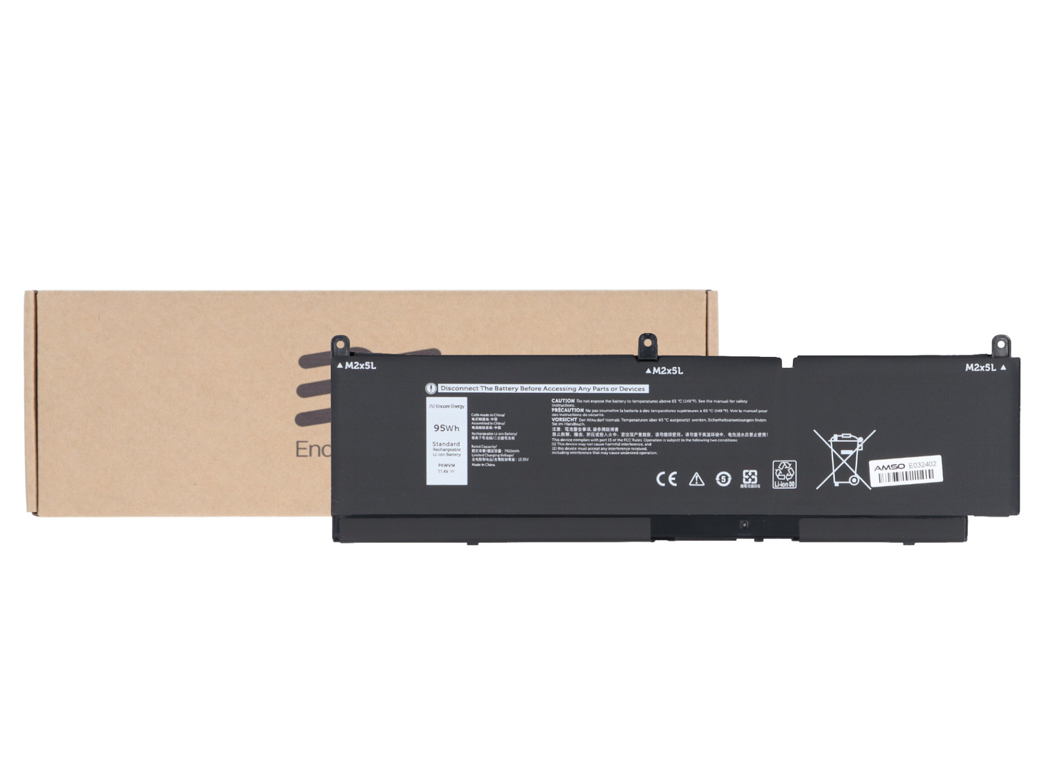 Bateria do laptopa 95Wh, model M2x5L, obok otwartego pudełka kartonowego.