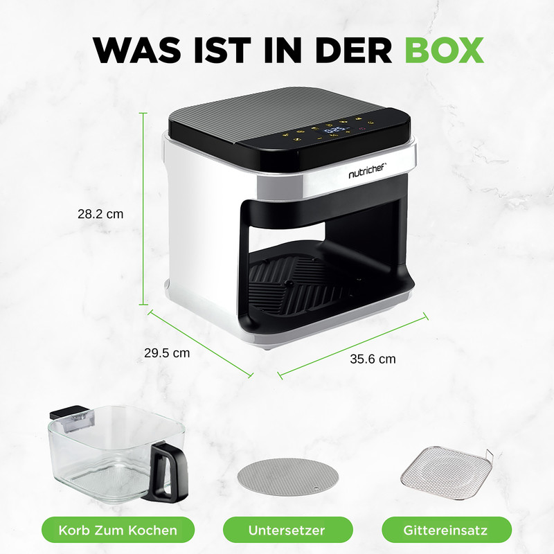 Airfryer mit Zubehör: Korb, Untersetzer, Gittereinsatz. Maße angegeben.