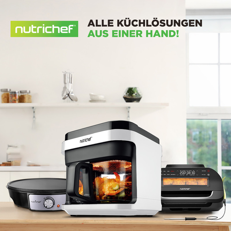 Drei Nutrichef-Küchengeräte: ein Grill, ein Ofen und ein Vakuumierer.