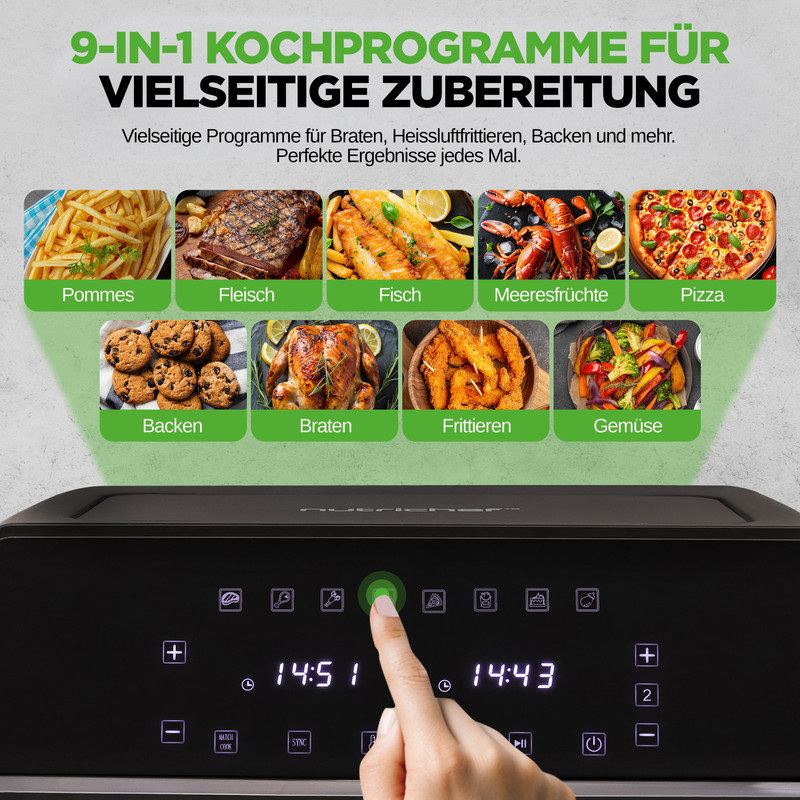 Un pannello di controllo della friggitrice ad aria mostra programmi di cottura: patatine, carne, pesce, frutti di mare, pizza, dolci, arrosto, frittura, verdure.