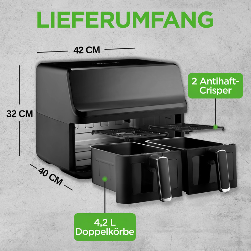 Friggitrice ad aria nera con due cestelli, dimensioni 42x32x40cm. Include 2 crisper antiaderenti.