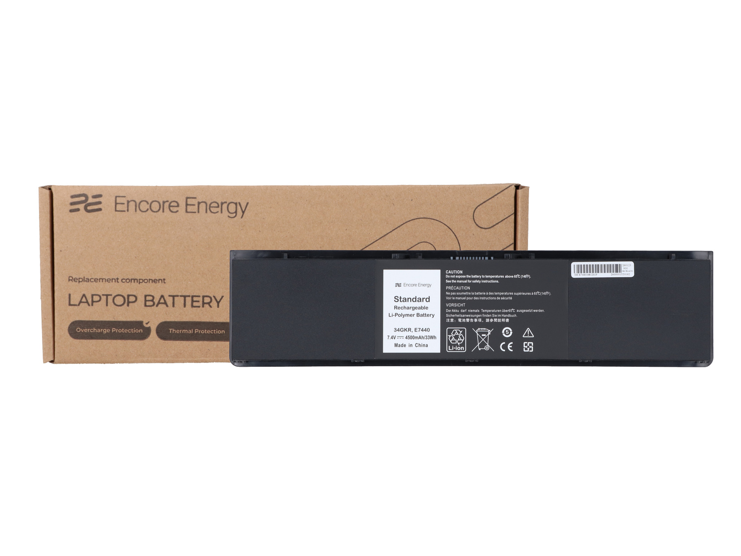 Czarny akumulator do laptopa Encore Energy z informacjami bezpieczeństwa i znakiem CE leży na pudełku.