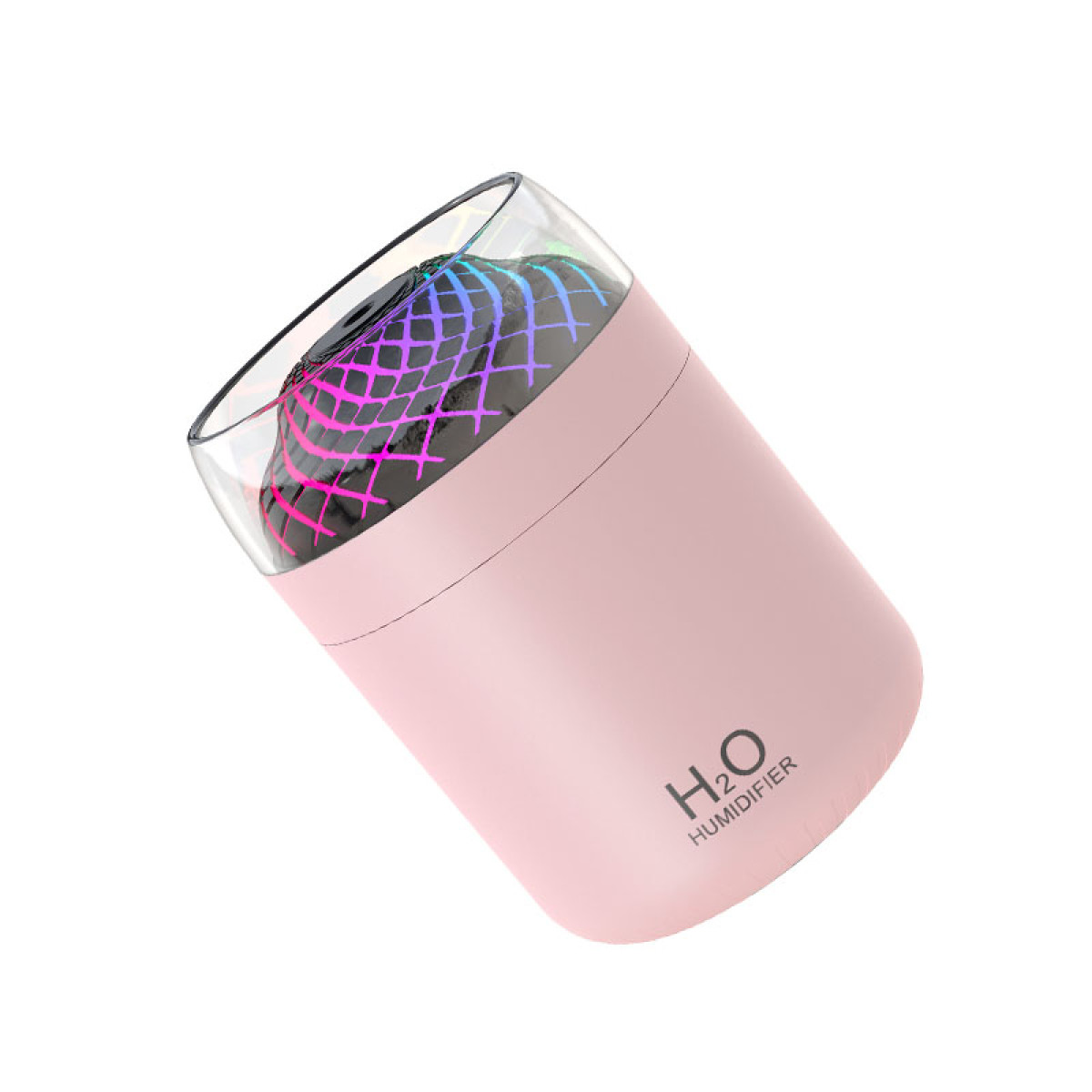 Ein rosa Luftbefeuchter mit einem transparenten Oberteil und bunten Lichtern.