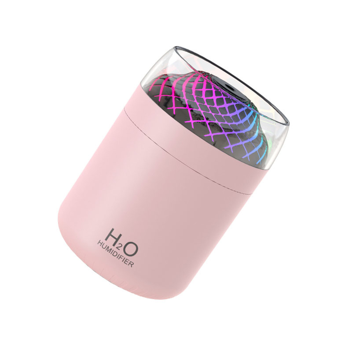 Ein rosafarbener H2O-Luftbefeuchter mit einem durchsichtigen Oberteil und bunten Lichtern.