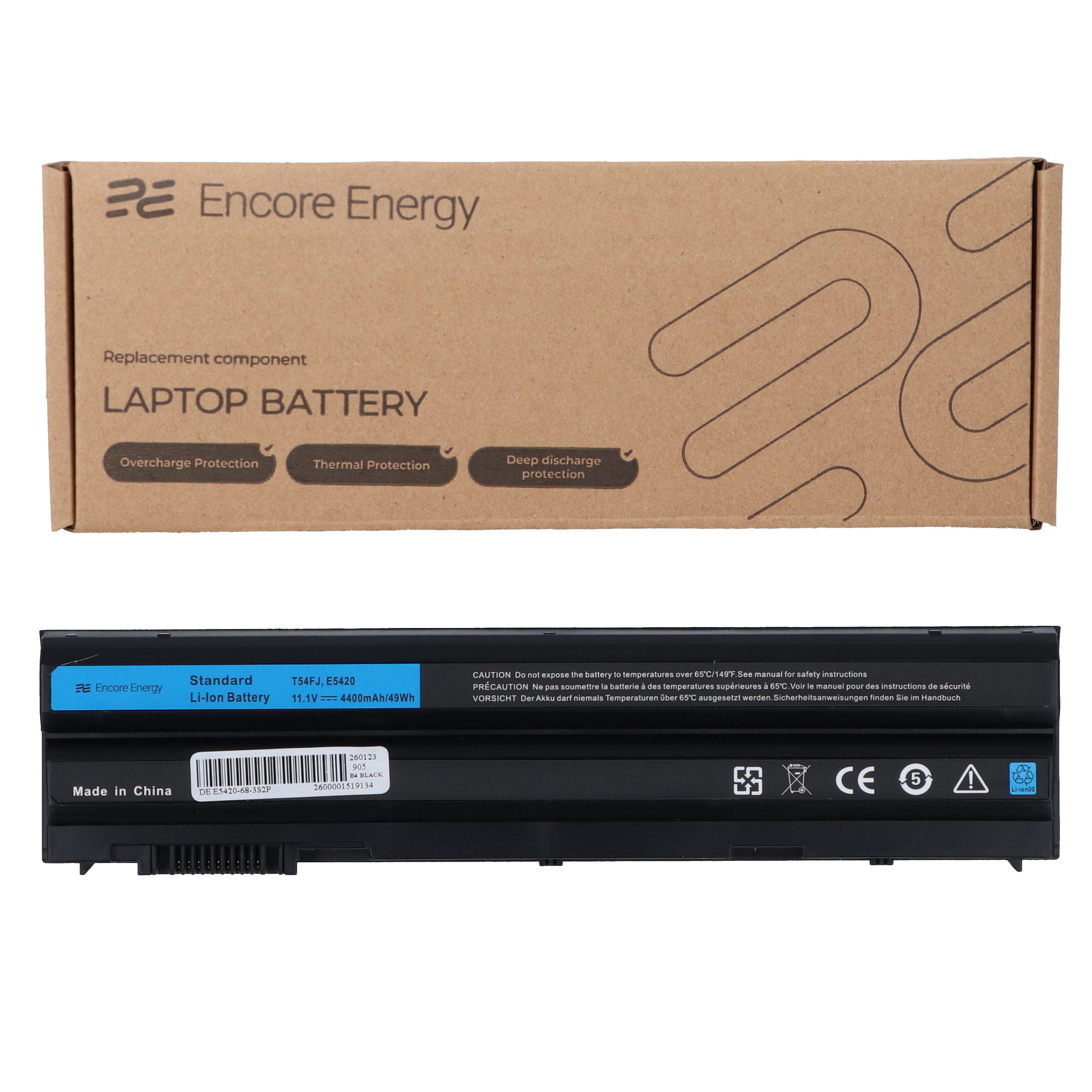 Bateria do laptopa Encore Energy z funkcjami ochrony, w brązowym kartonowym opakowaniu.