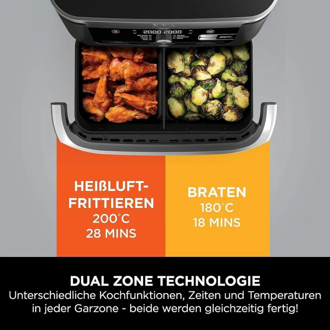 Doppel-Heißluftfritteuse mit Hähnchenflügeln und Rosenkohl. Links: Heißluftfrittieren 200°C, 28 Min. Rechts: Braten 180°C, 18 Min.