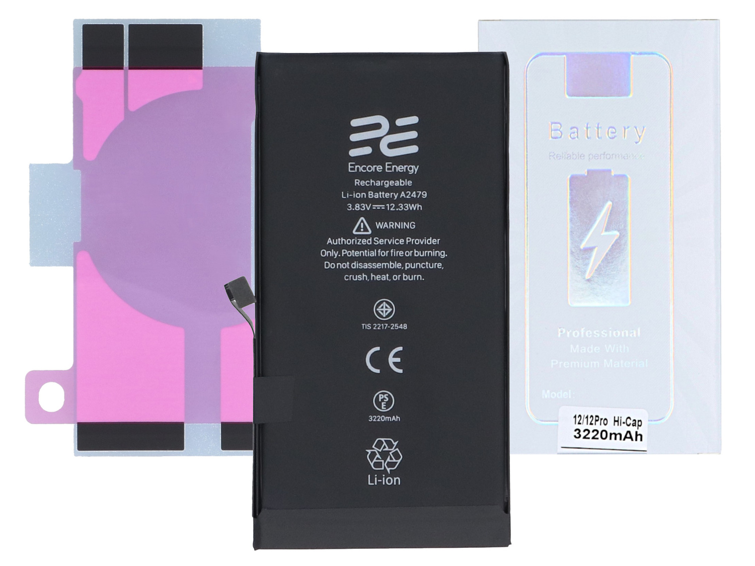 Czarna bateria Li-ion do iPhone 12/12 Pro 3220mAh, na białym tle.