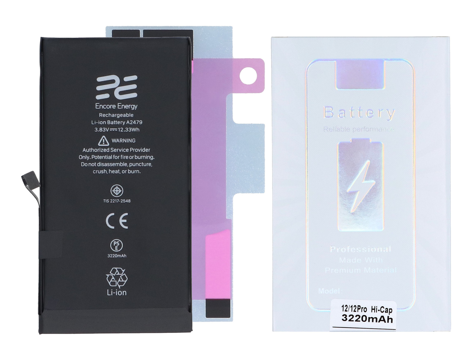 Czarna bateria litowo-jonowa z logo "Encore Energy", obok opakowania z symbolem baterii.