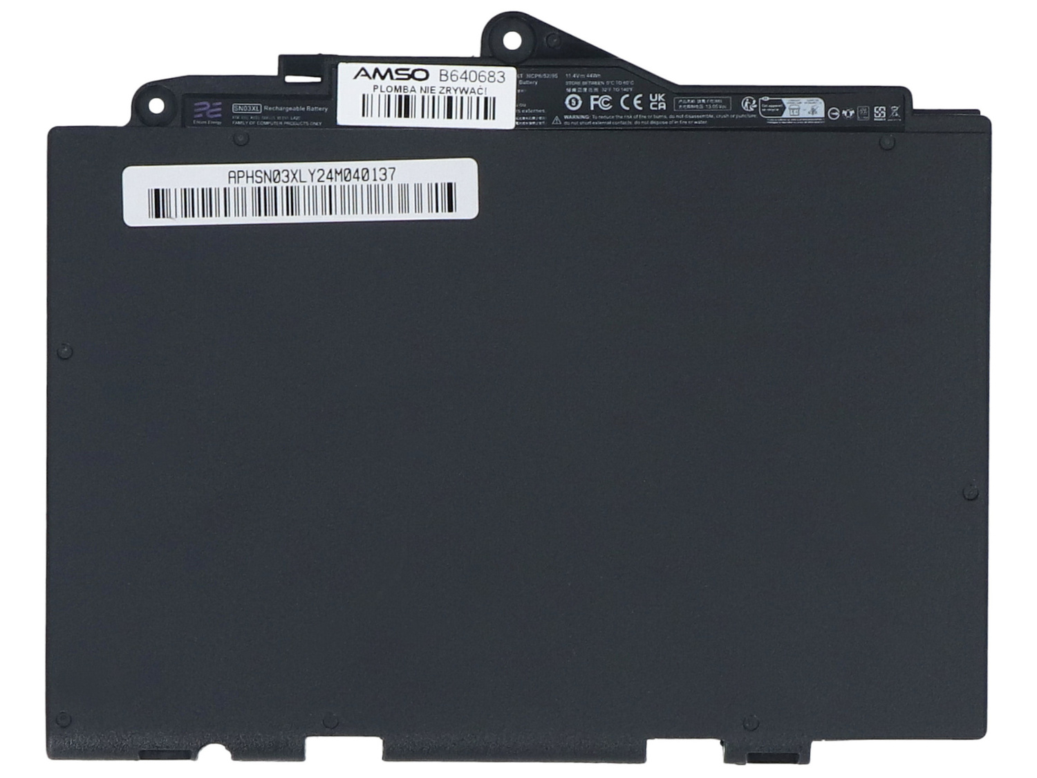 Czarna bateria do laptopa z etykietami i numerem modelu APHSN03XLY24M040137.