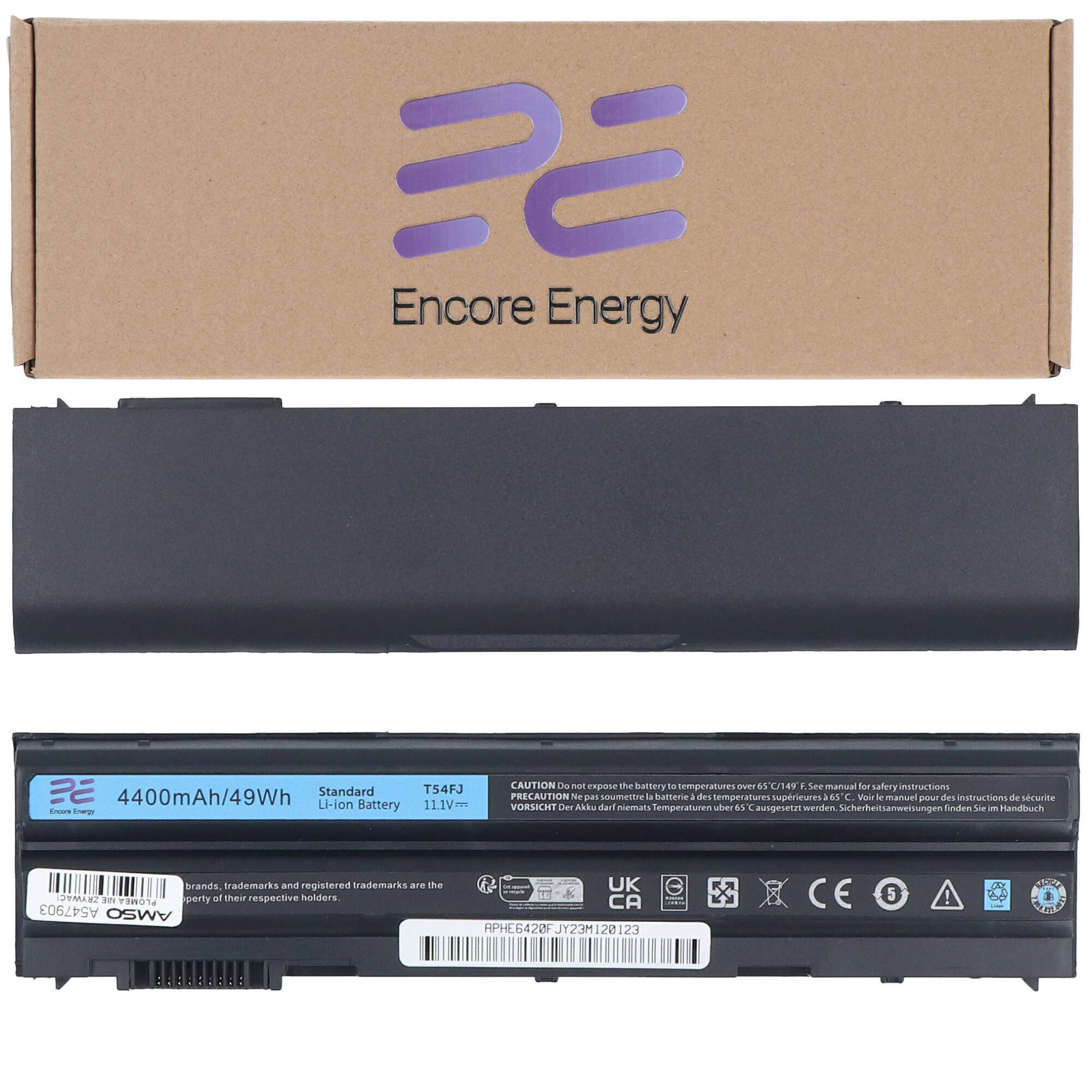 Brązowe pudełko z logo Encore Energy i czarną baterią do laptopa poniżej.