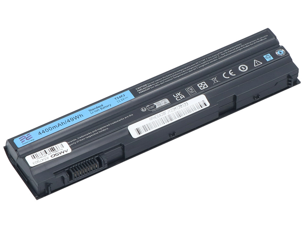 Czarna bateria do laptopa z niebieskimi i białymi etykietami, pojemność 4400mAh.