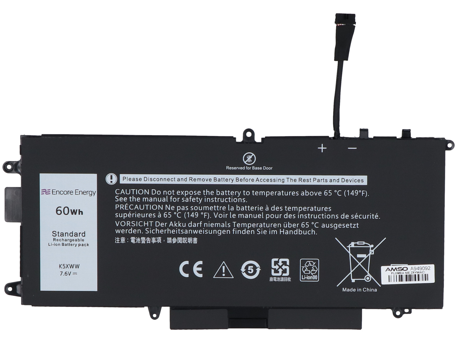 Czarna bateria do laptopa Encore Energy 60 Wh, 7,6 V. Zawiera etykiety ostrzegawcze.