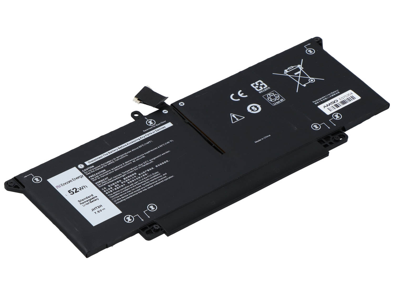 Czarna bateria do laptopa 52Wh, model JHT2H, 7.6V, z etykietami ostrzegawczymi.