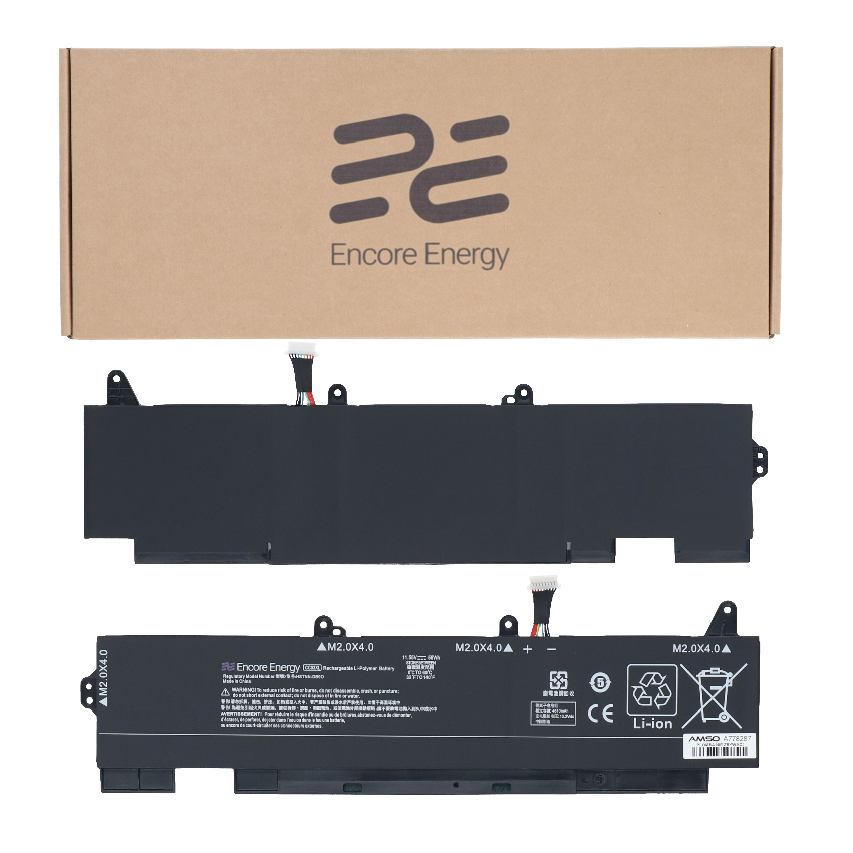 Bateria do laptopa z etykietami i kartonowe pudełko z logo Encore Energy.