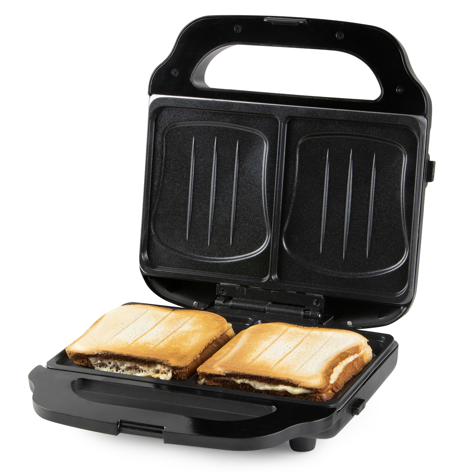 Ein offener schwarzer Sandwichmaker mit zwei gegrillten Sandwiches, die geschmolzenen Käse zeigen.