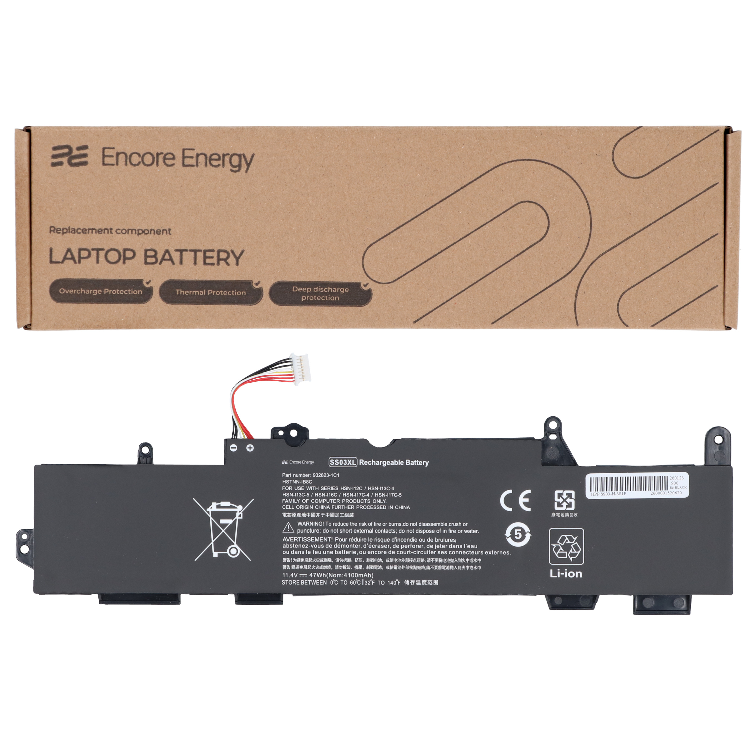 Bateria do laptopa Encore Energy z kablami na białym tle.