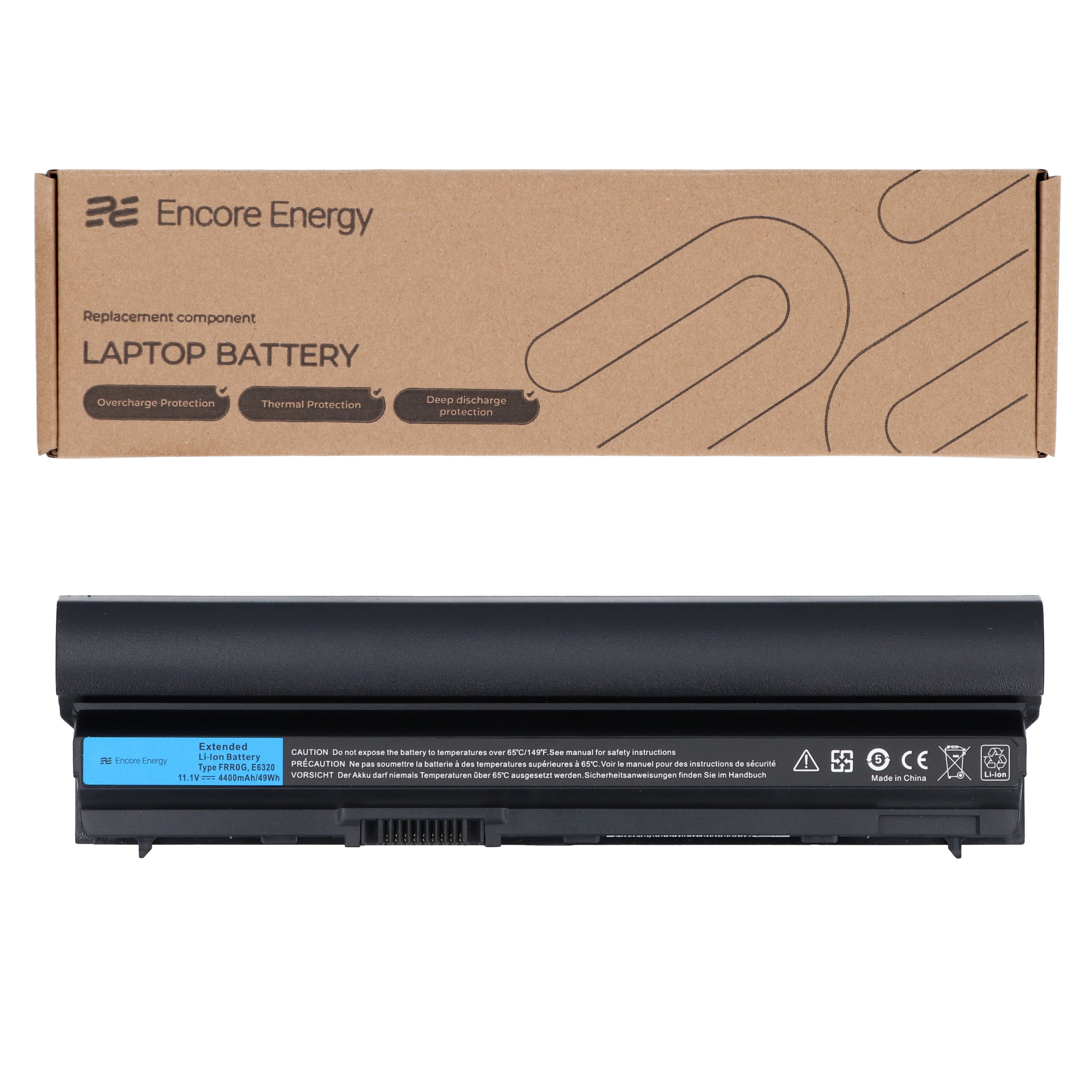 Bateria do laptopa Encore Energy z funkcjami ochrony na brązowym opakowaniu.