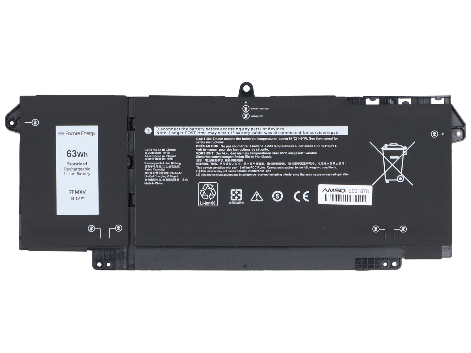 Czarna bateria do laptopa, 63Wh, 15.2V, model 7FMXV, Encore Energy.