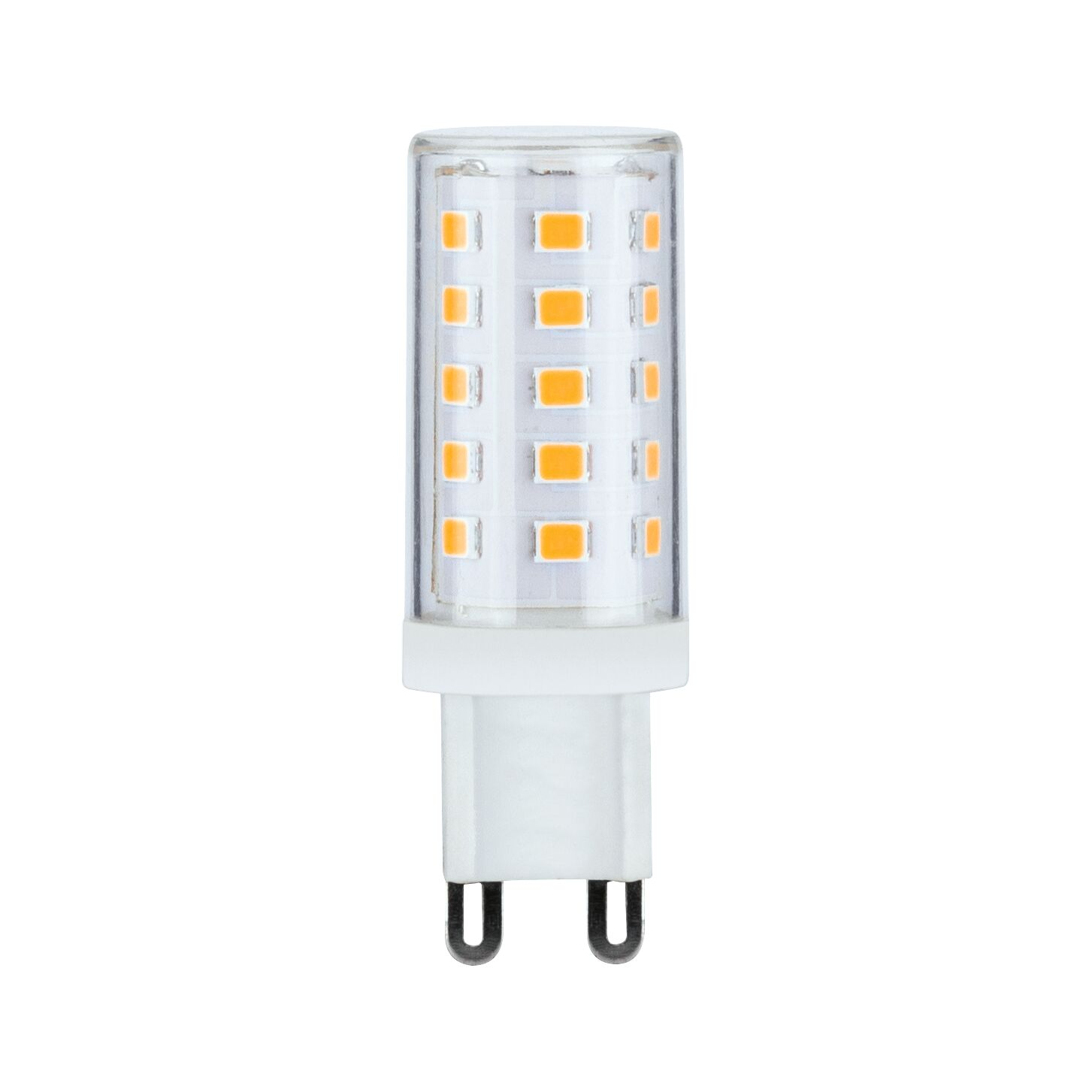 Eine helle, zylindrische LED-Lampe mit zwei Stiften und orangefarbenen LEDs.