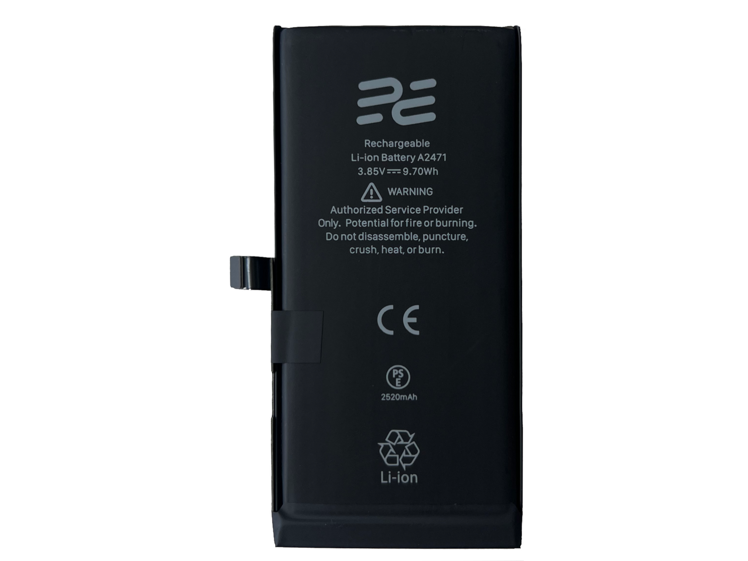 Czarna bateria litowo-jonowa, model A2471, z ostrzeżeniami i pojemnością 2520mAh.