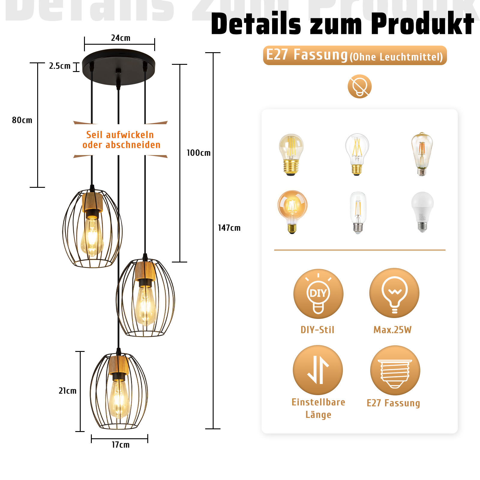 Hängeleuchte mit drei Lampenschirmen, Maße in cm, E27 Fassung, max. 25W.