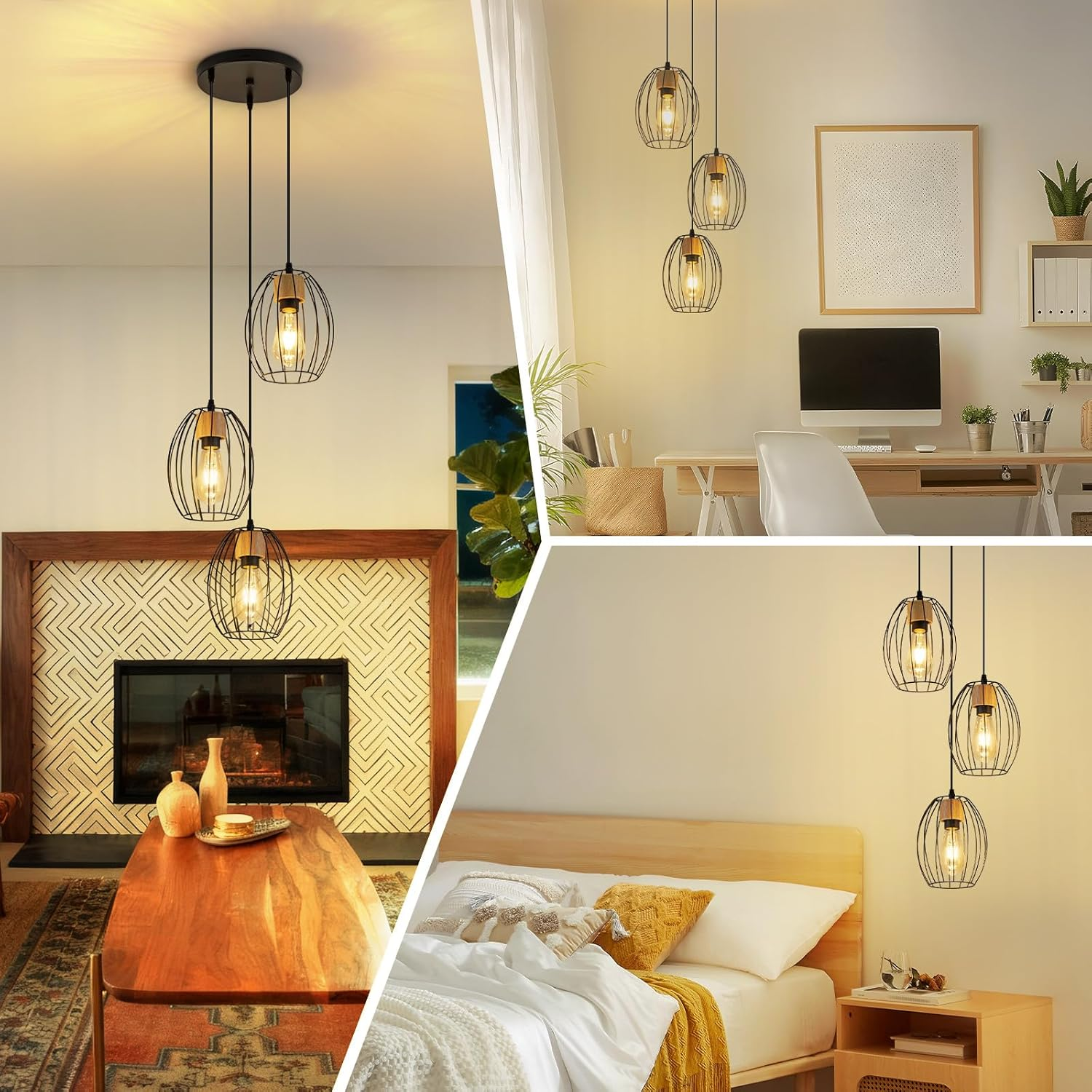 Drei Pendelleuchten mit schwarzen Metallkäfigen und Holzakzenten über Kamin, Schreibtisch und Bett.