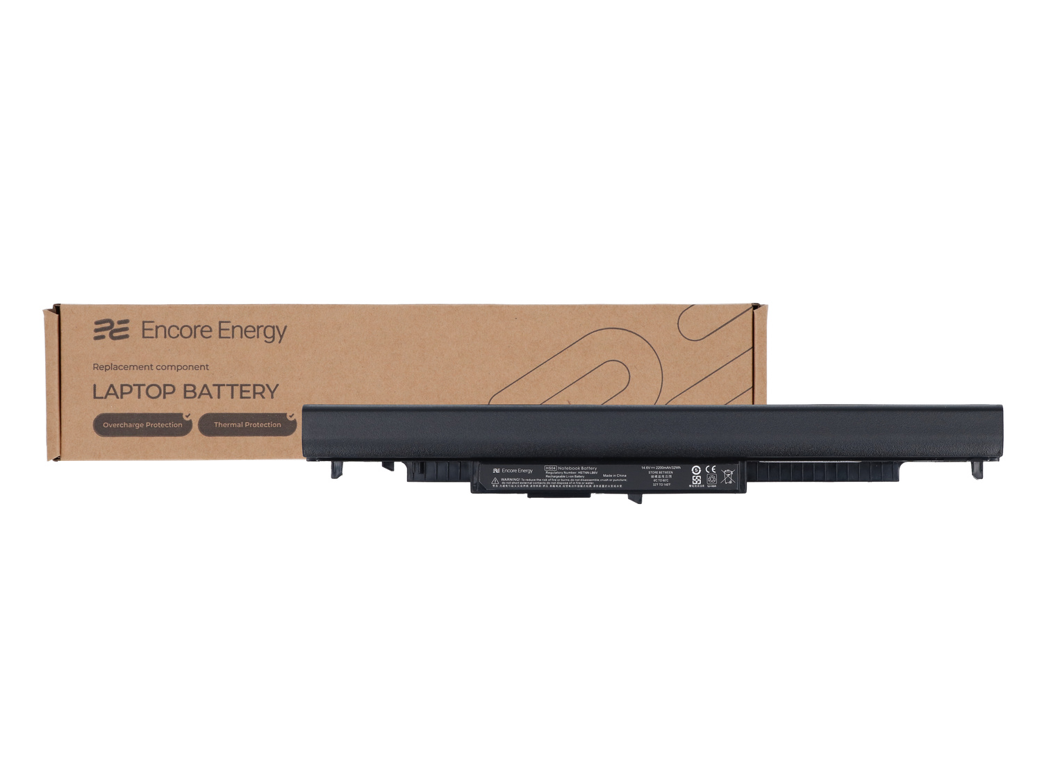 Czarna bateria do laptopa leży przed brązowym kartonowym pudełkiem z napisem „Encore Energy LAPTOP BATTERY“.