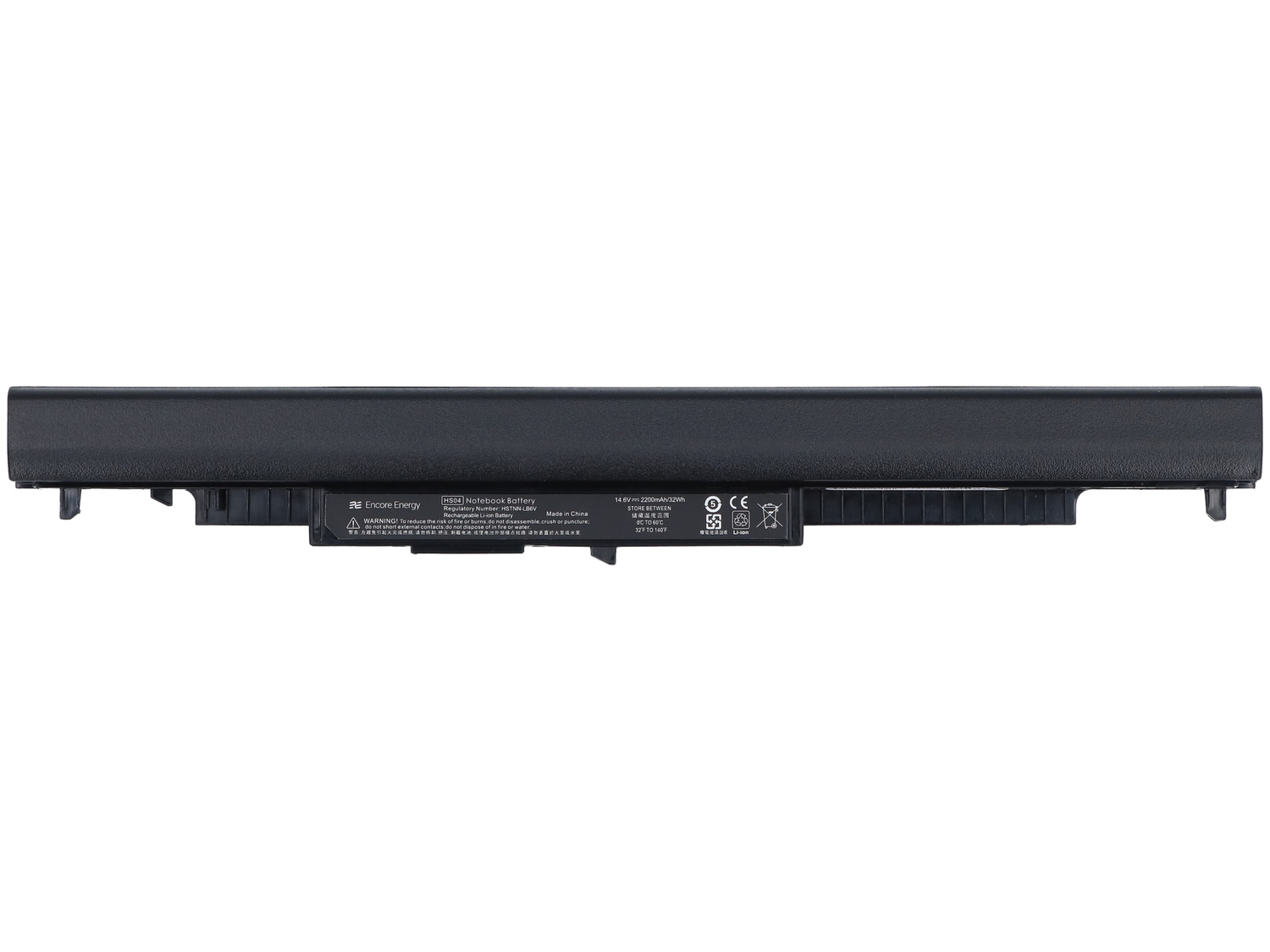 Czarna bateria do laptopa z oznaczeniami: Encore Energy, HS04 Notebook Battery, Made in China.