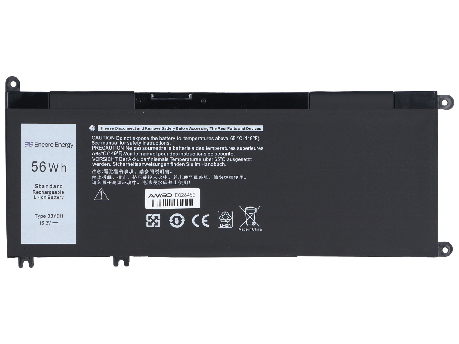 Czarna bateria do laptopa 56 Wh, 15.2V, typ 33YDH. Zawiera etykiety ostrzegawcze.