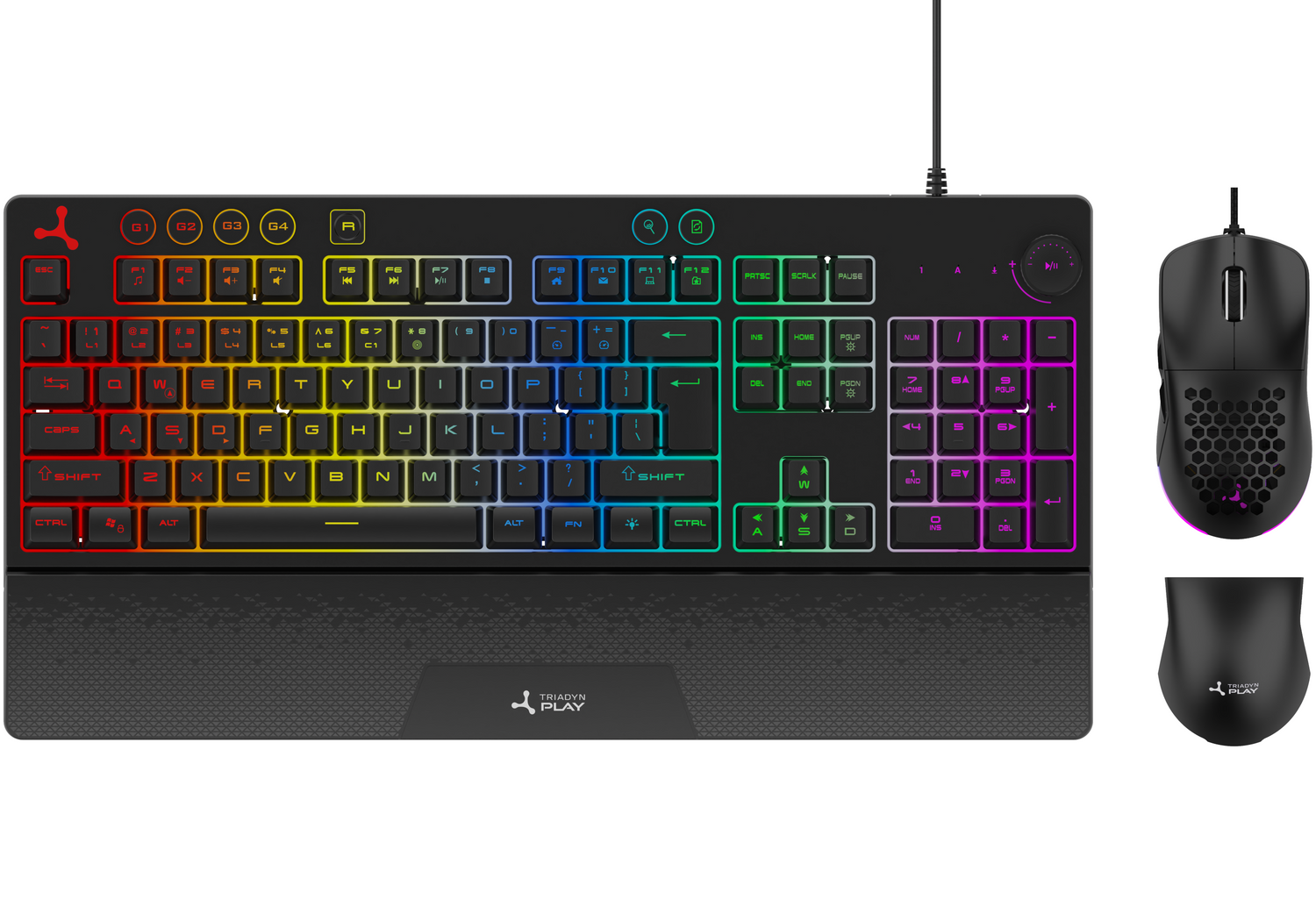 Czarna klawiatura gamingowa z podświetleniem RGB i myszką o strukturze plastra miodu.