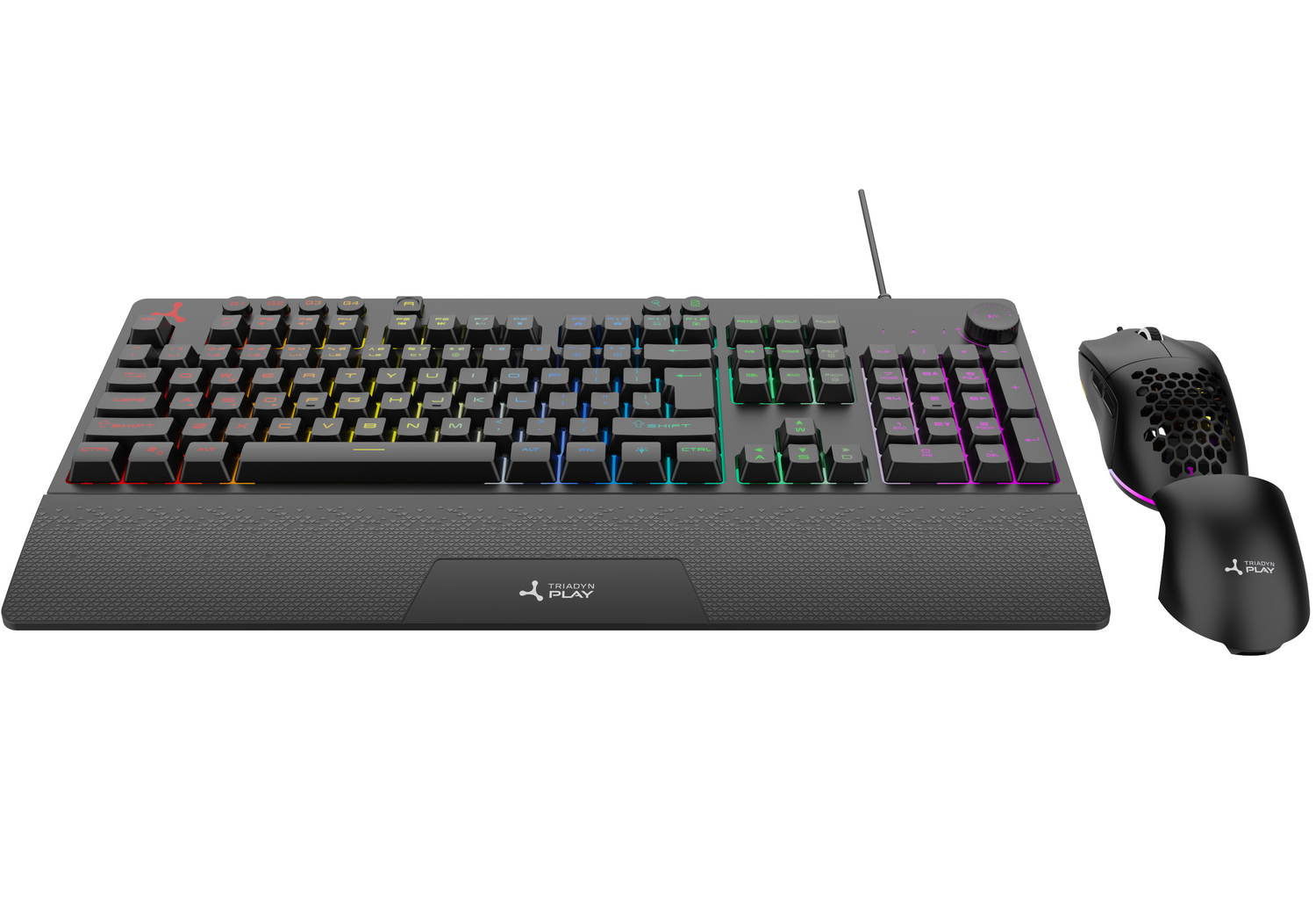 Czarna klawiatura gamingowa z podświetleniem RGB i pasująca czarna mysz gamingowa typu plaster miodu.