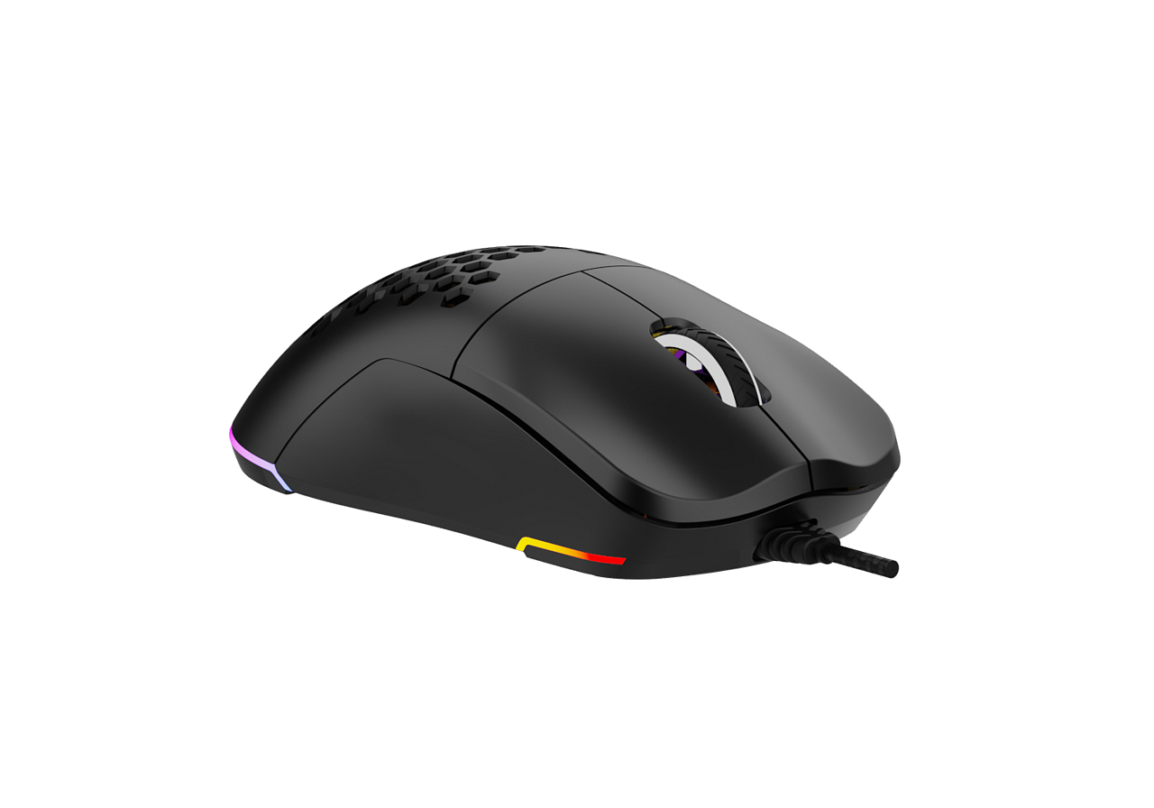 Czarna mysz gamingowa z wzorem plastra miodu, kółkiem i podświetleniem RGB.