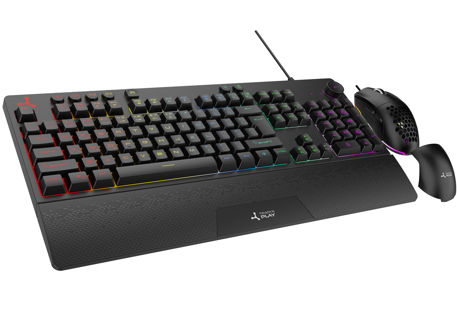 Czarna klawiatura i mysz gamingowa z podświetleniem RGB i wzorem plastra miodu.
