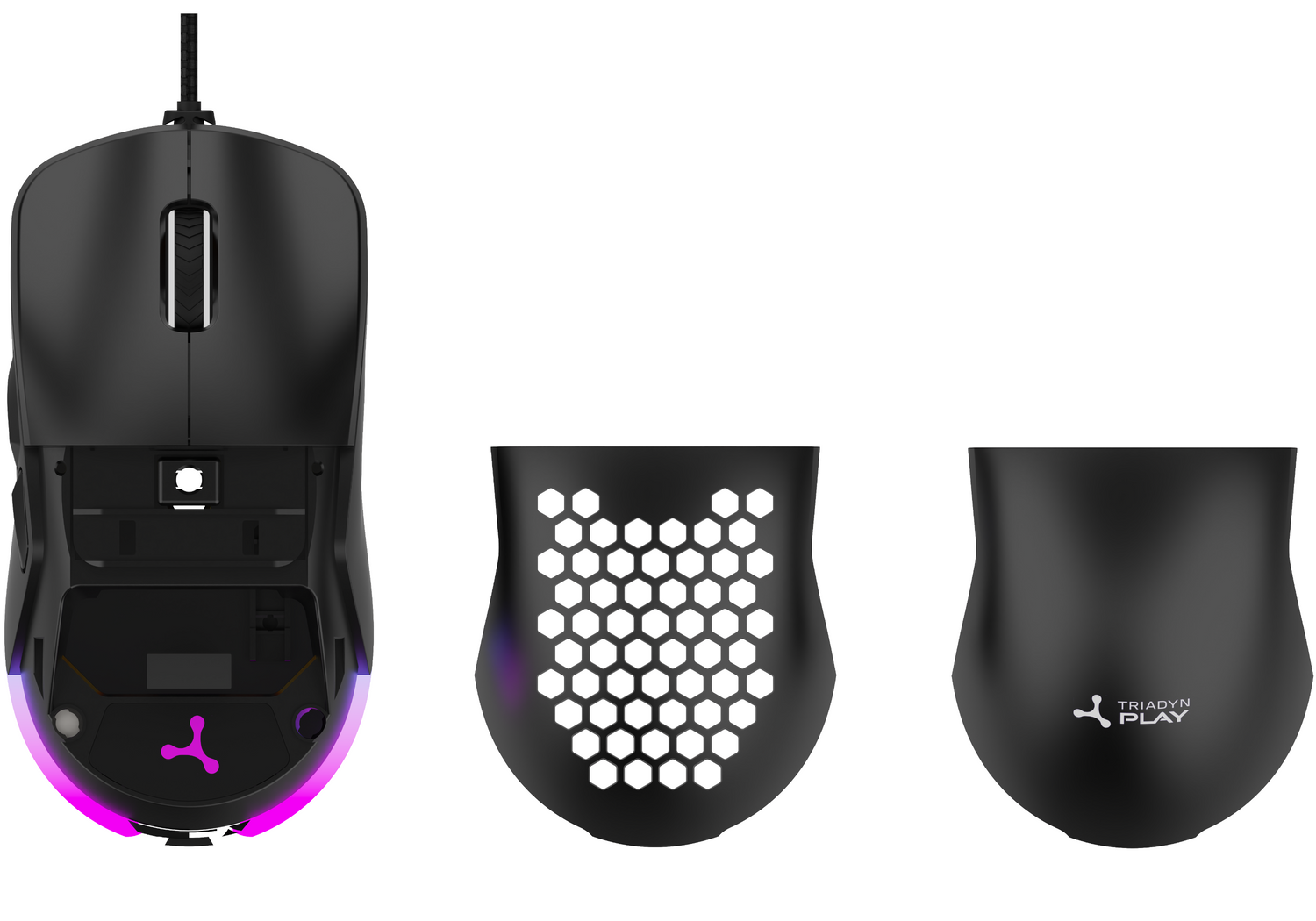Czarna mysz gamingowa z podświetleniem RGB, wzorem plastra miodu i logo.