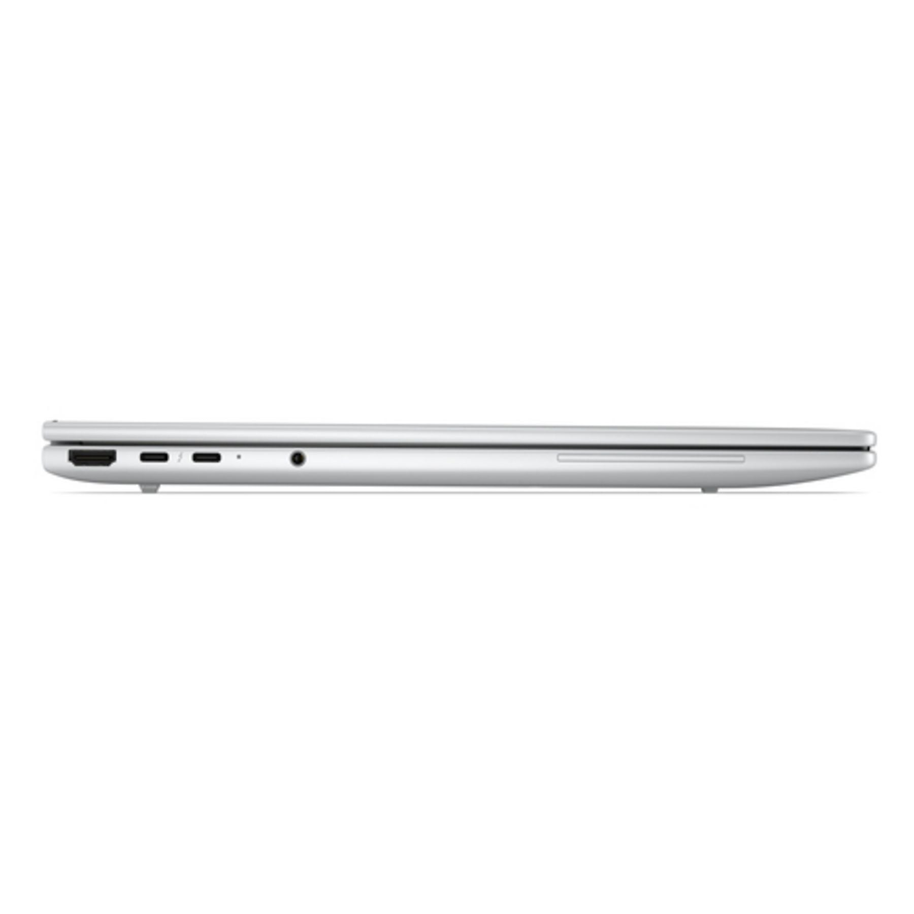 Laptop argentato di lato che mostra le porte: HDMI, USB-C, jack audio.