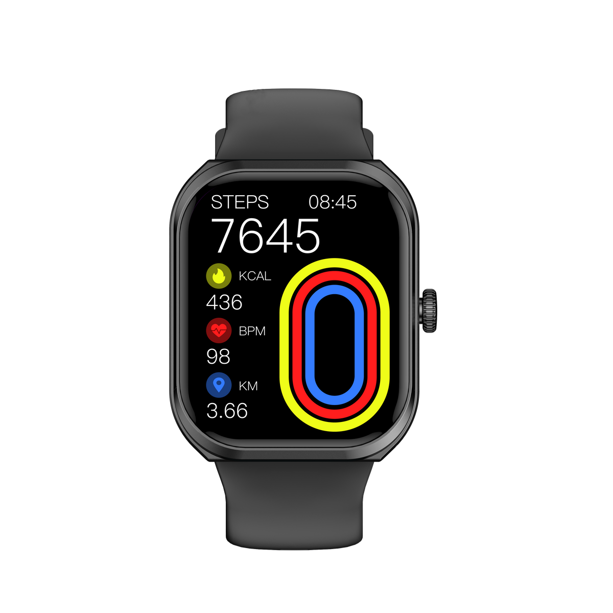 Czarny smartwatch pokazuje 7645 kroków, 436 kcal, 98 uderzeń na minutę, 3,66 km i godzinę 08:45.