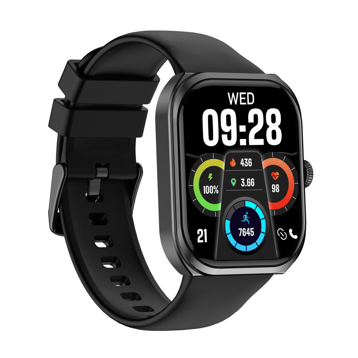 Czarny smartwatch wyświetla godzinę, datę i statystyki fitness.