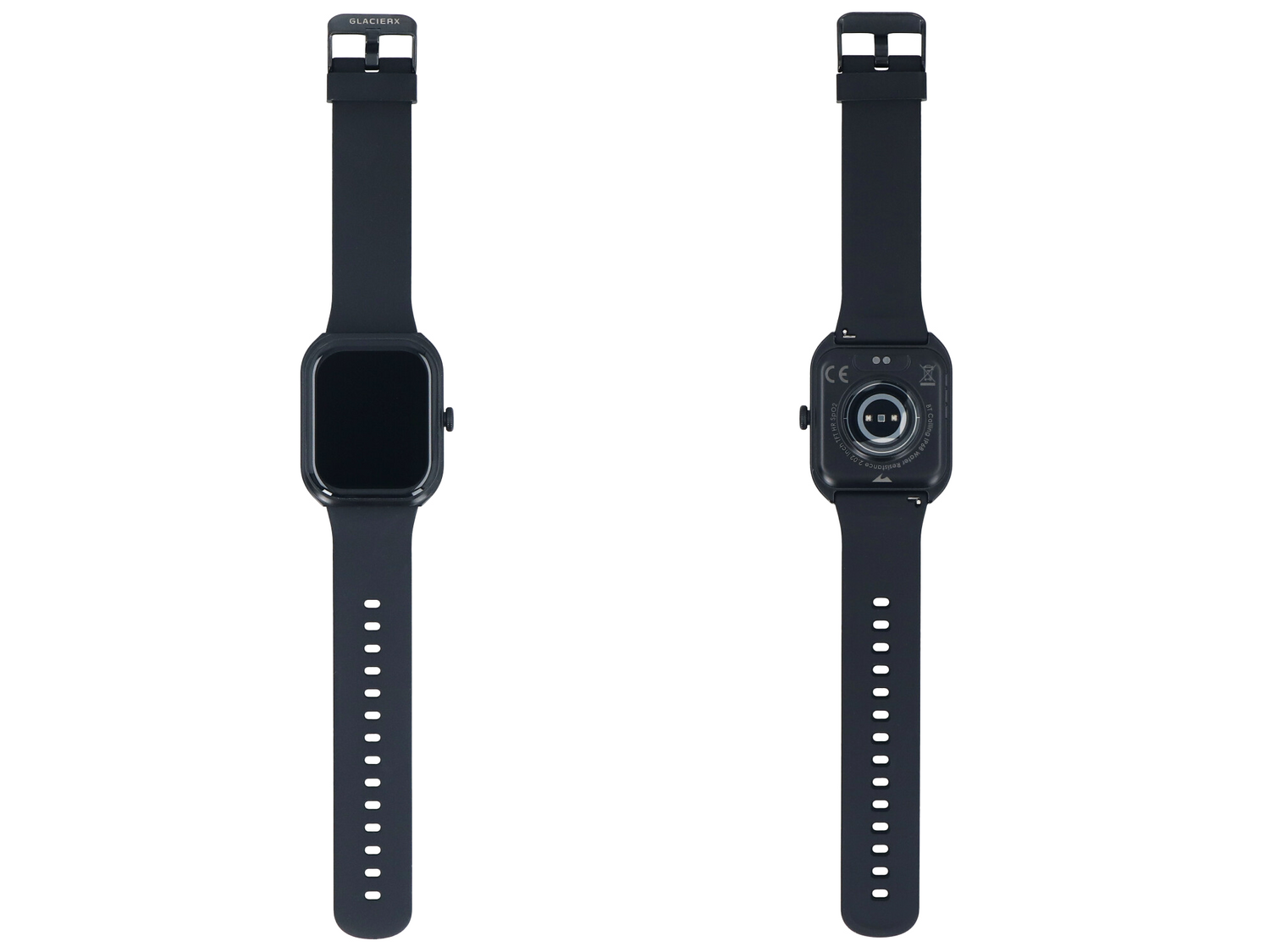 Ciemnoniebieski smartwatch z kwadratowym wyświetlaczem, widok z przodu i tyłu.