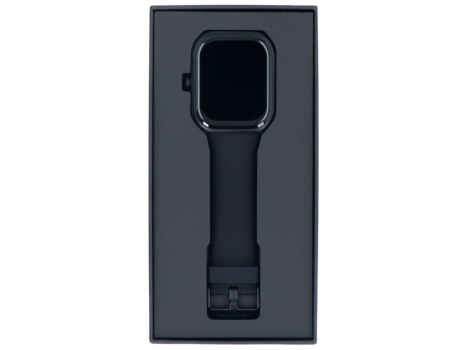 Czarny smartwatch z czarną opaską w czarnym pudełku.