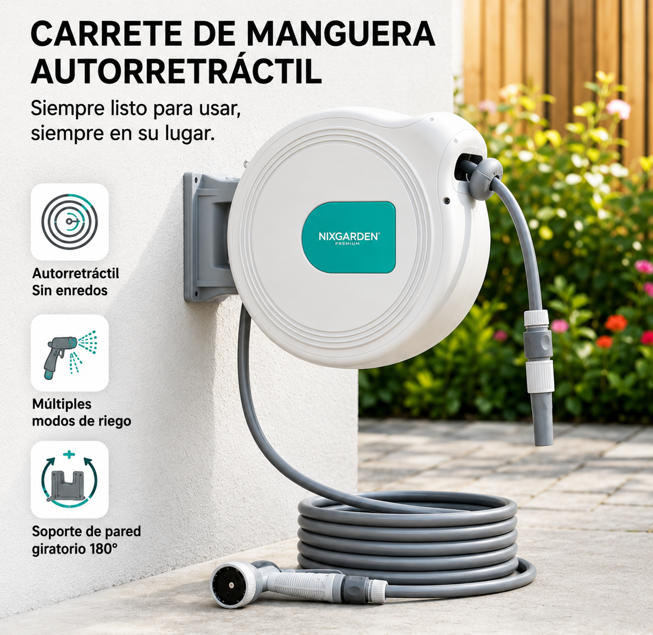 Un enrollador de manguera blanco con logo NIXGARDEN montado en pared, con manguera y boquilla.
