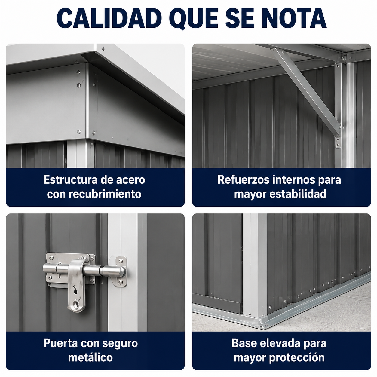 Detalles de cobertizo metálico: marco de acero, refuerzos, pestillo y base elevada.