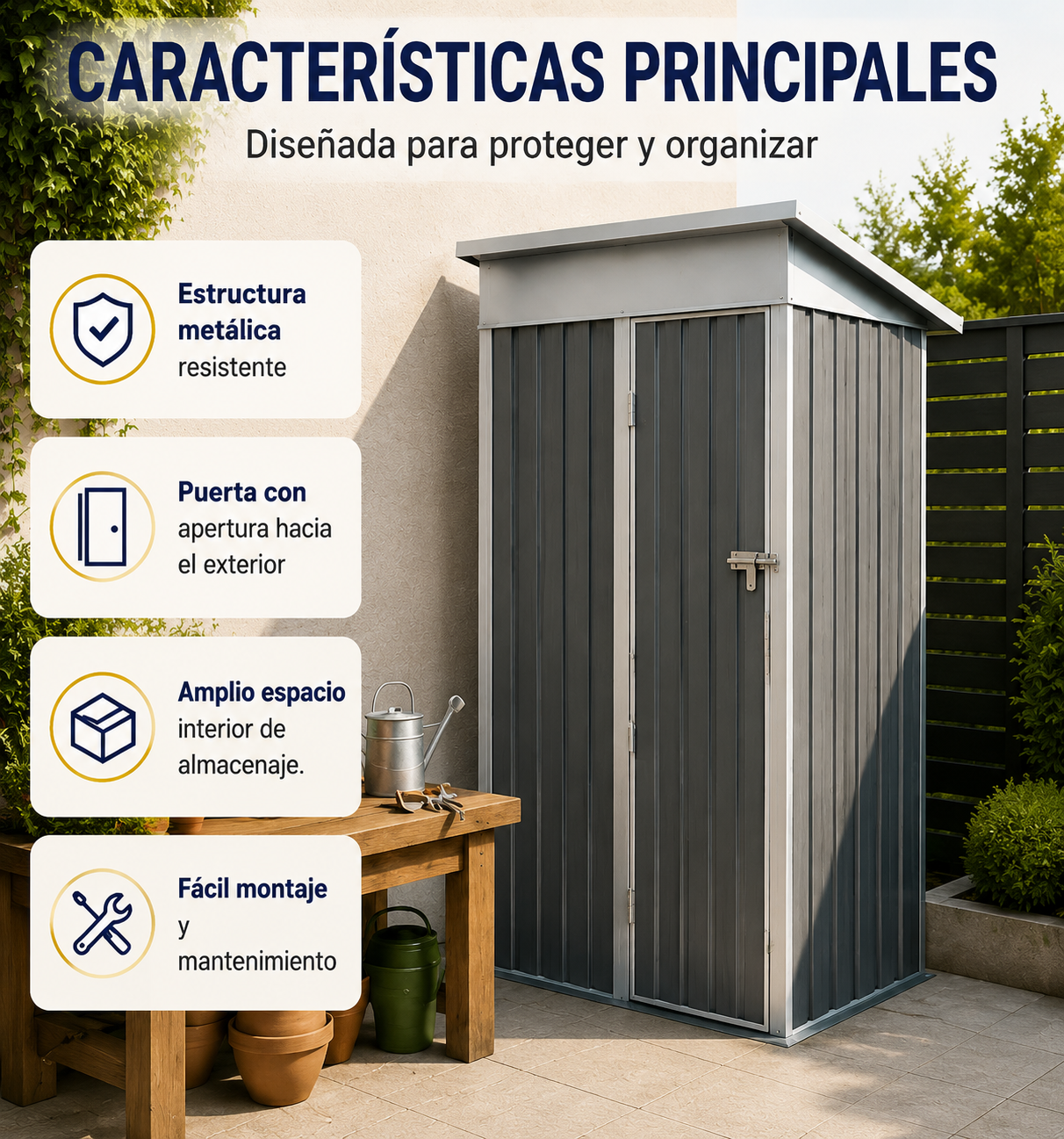Cobertizo metálico gris con doble puerta sobre mesa de madera.