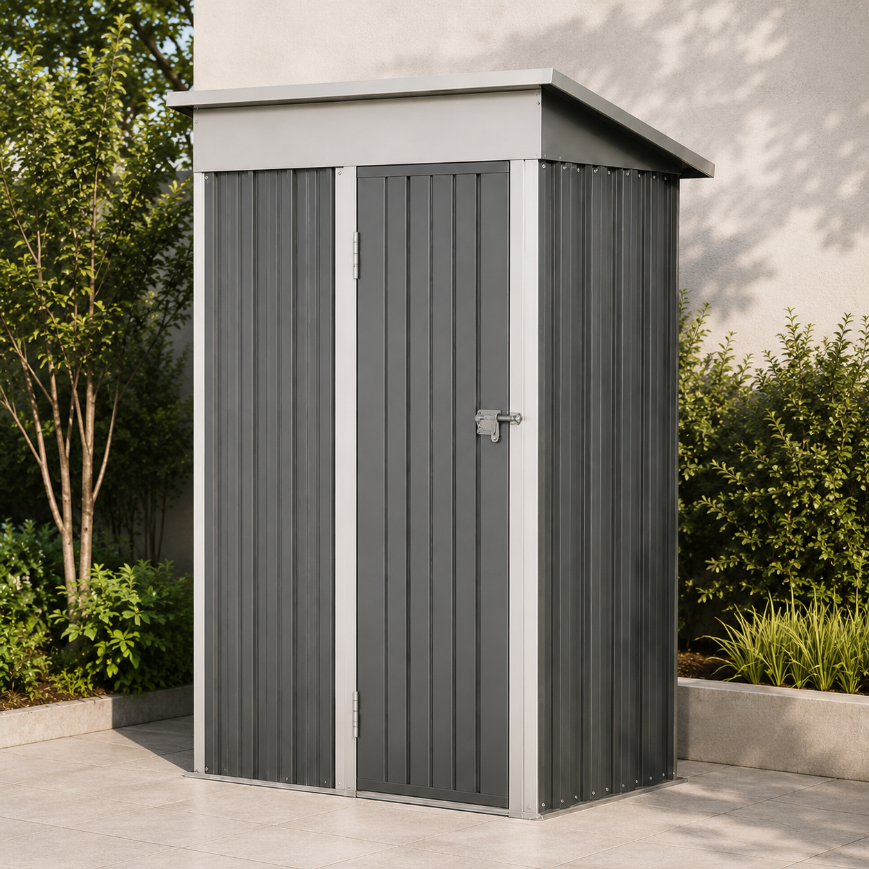 Un cobertizo metálico gris con dos puertas y techo inclinado, rodeado de vegetación.
