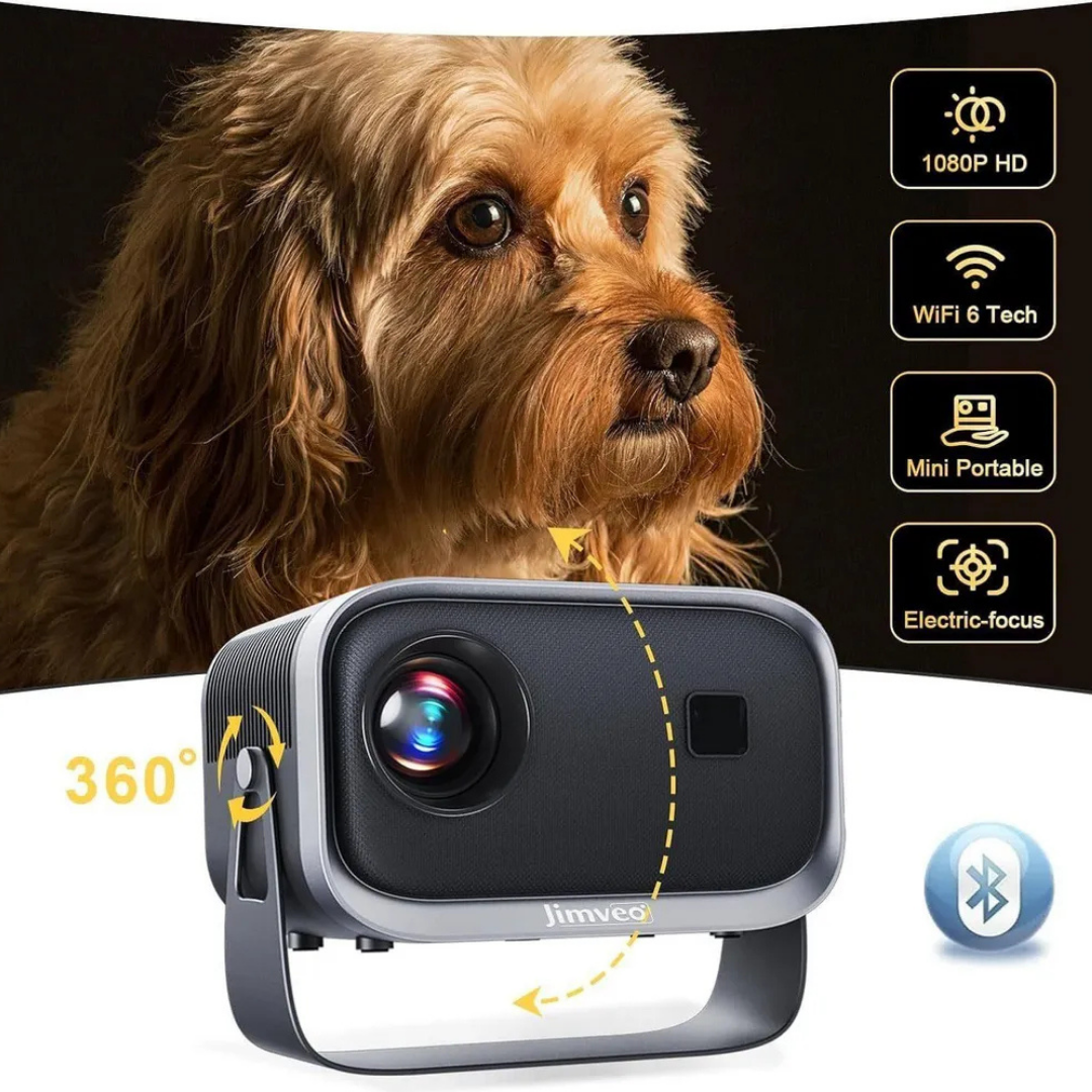 Brauner Hund mit Projektor. Merkmale: 1080p HD, WiFi 6, Mini tragbar.