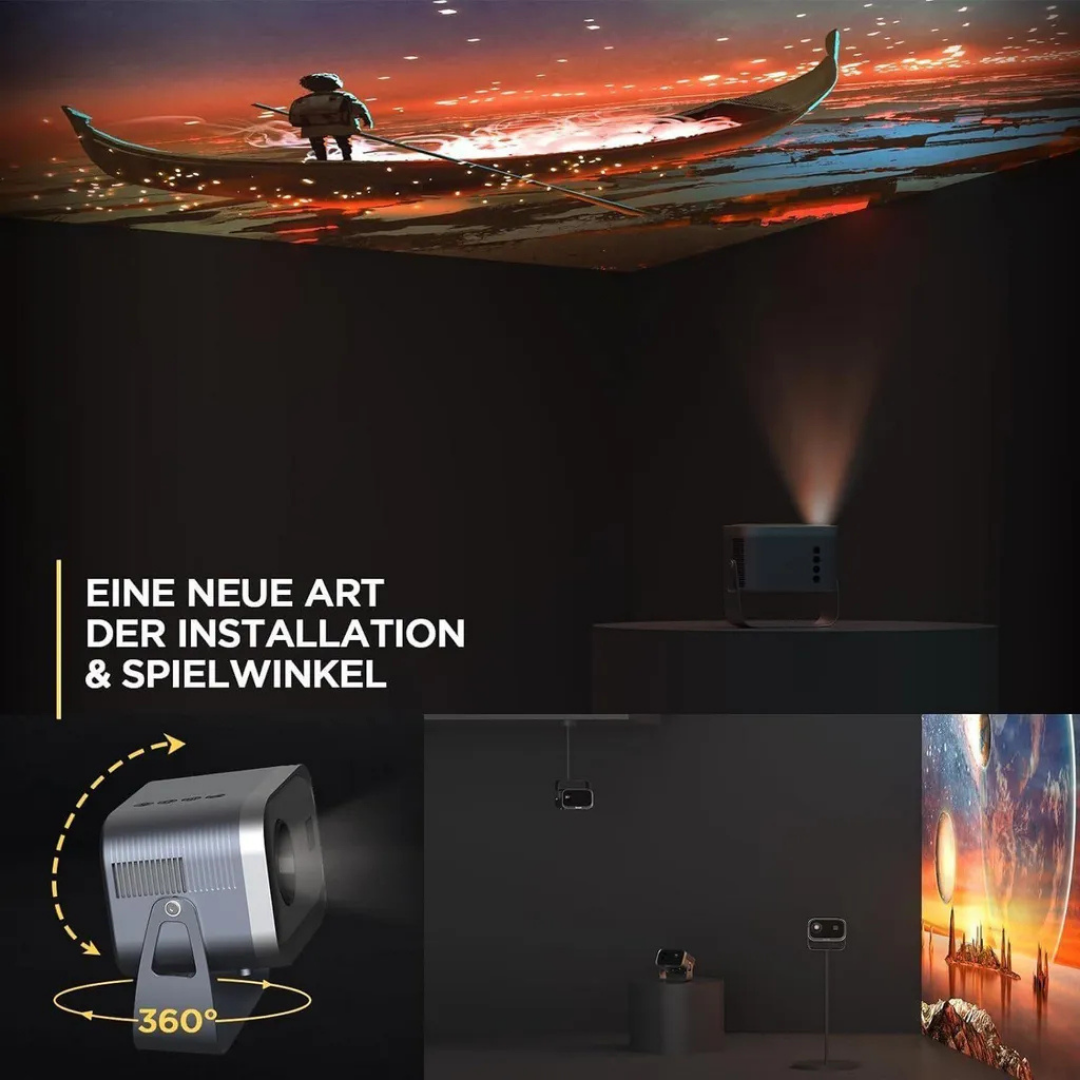 Ein Projektor wirft ein Bild einer Person in einem Boot auf eine Wand. 360° Ansicht.