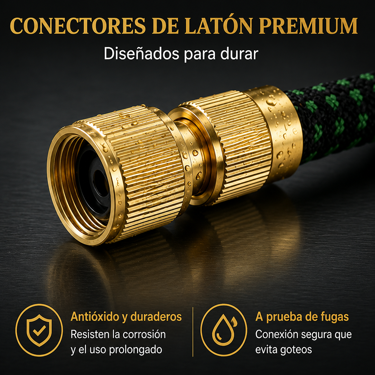 Conectores de manguera de latón con gotas de agua, resistentes y sin fugas.