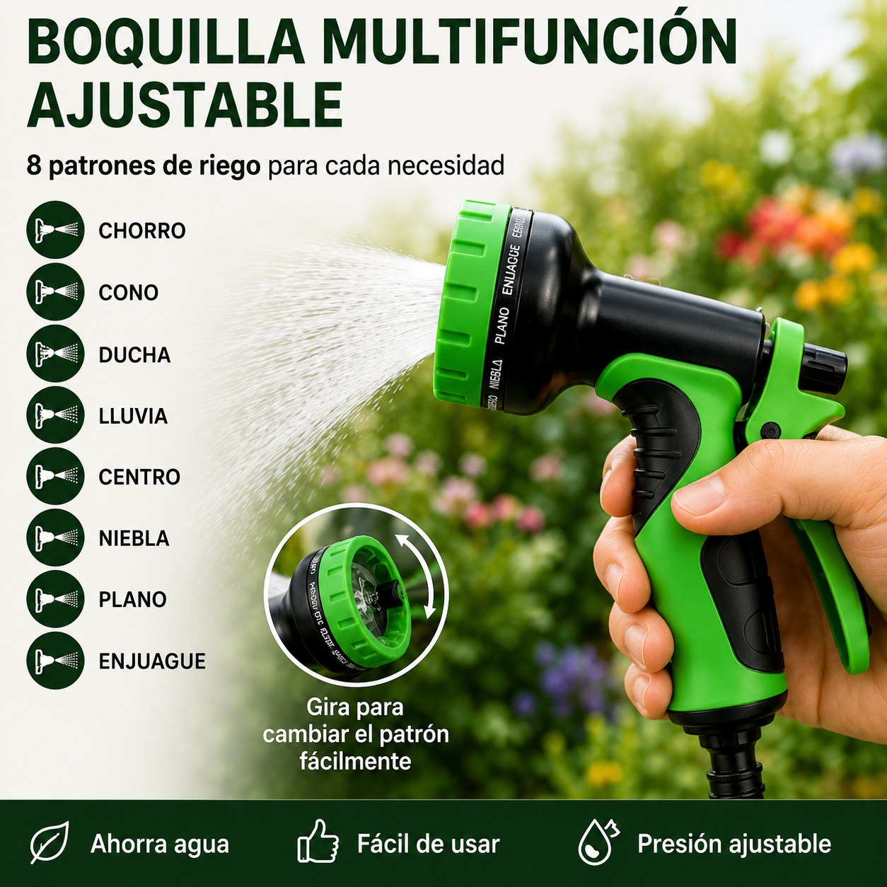 Pistola rociadora verde con 8 patrones en mano, con flores de fondo.