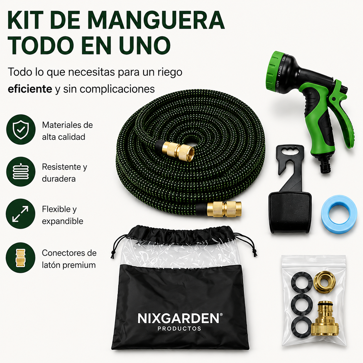 Kit de manguera de jardín con pistola rociadora, manguera, bolsa y conectores.