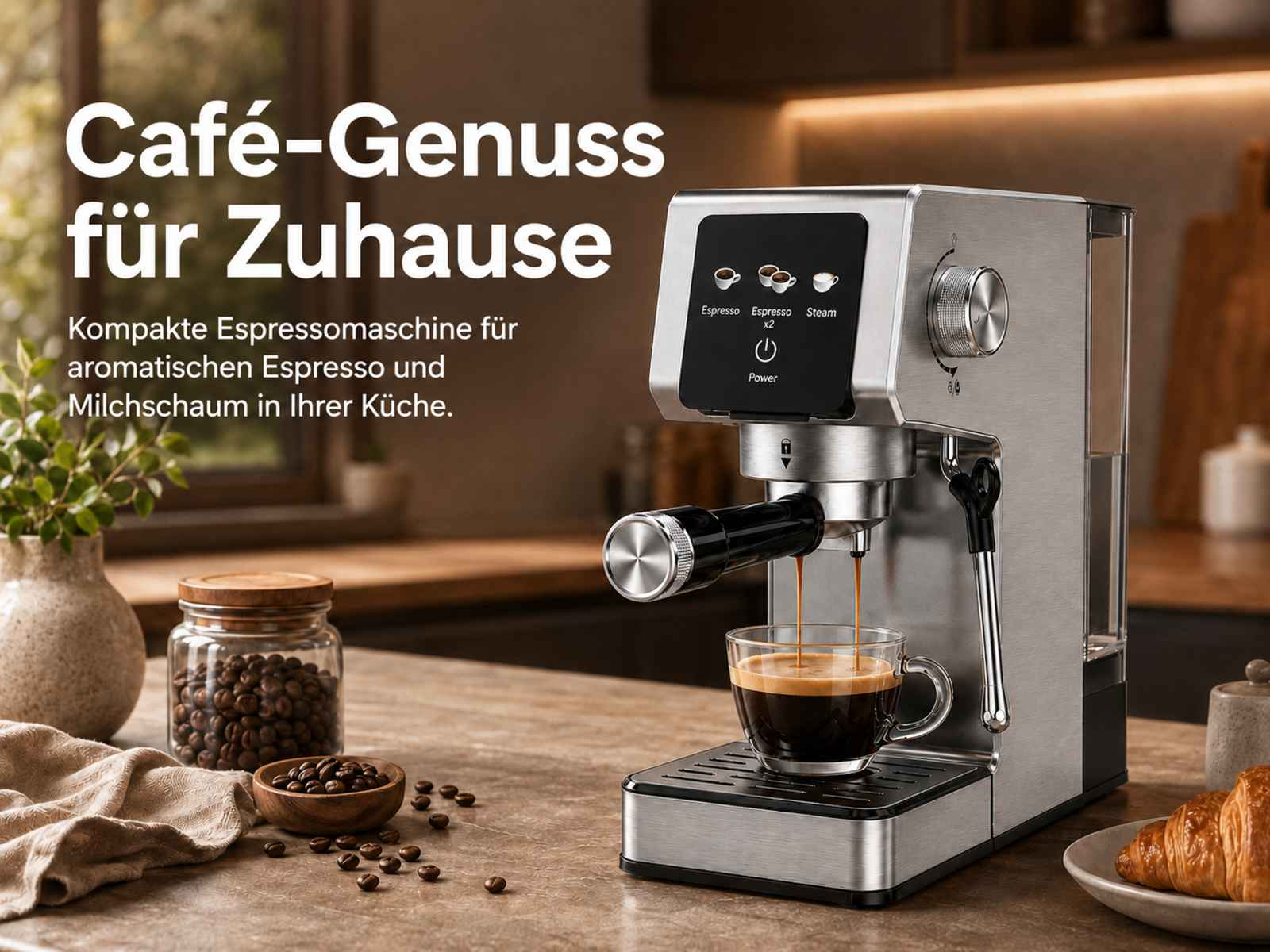 Eine silberne Espressomaschine brüht Espresso in eine Glas Tasse. Kaffeebohnen liegen daneben.
