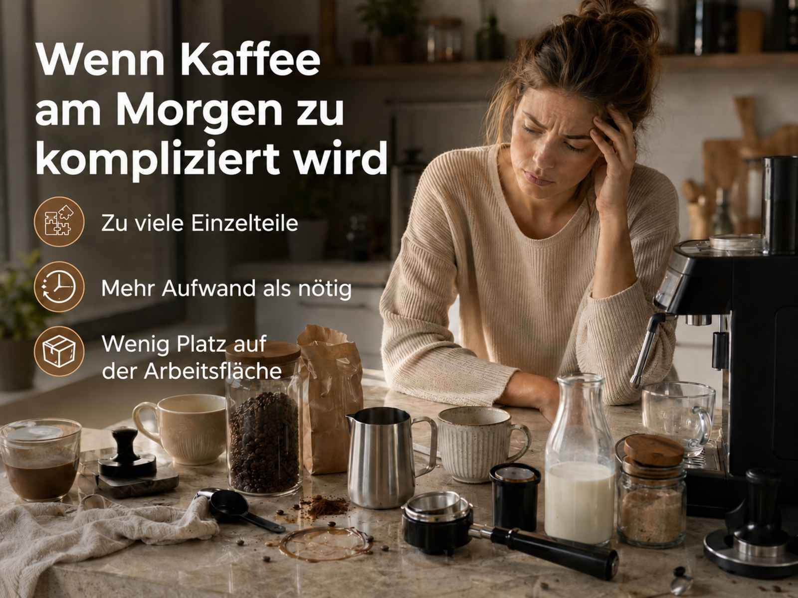 Eine Frau mit verschränkten Armen schaut auf einen überladenen Kaffeetisch.